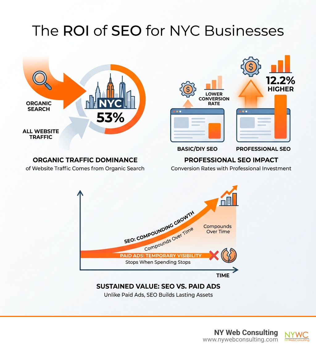 Infographic showing the ROI of SEO for NYC businesses: 53% of website traffic comes from organic search, businesses investing in professional SEO see 12.2% higher conversion rates, and SEO compounds over time unlike paid ads that stop when spending stops - seo services nyc infographic Infographic showing the ROI of SEO for NYC businesses: 53% of website traffic comes from organic search, businesses investing in professional SEO see 12.2% higher conversion rates, and SEO compounds over time unlike paid ads that stop when spending stops - seo services nyc infographic