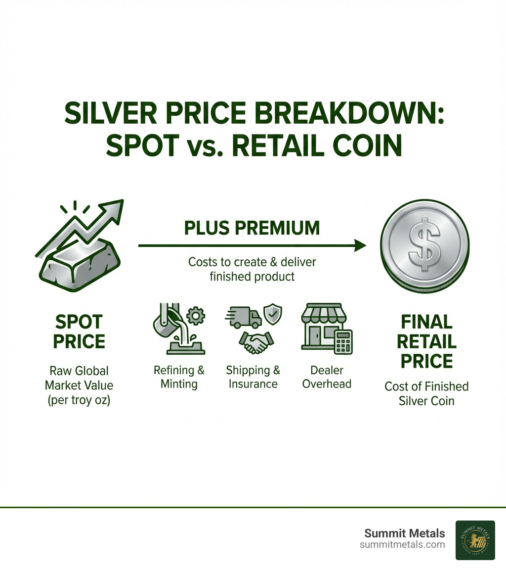 infographic explaining the difference between silver spot price and the final retail price of a silver coin - buy silver online at spot price infographic 