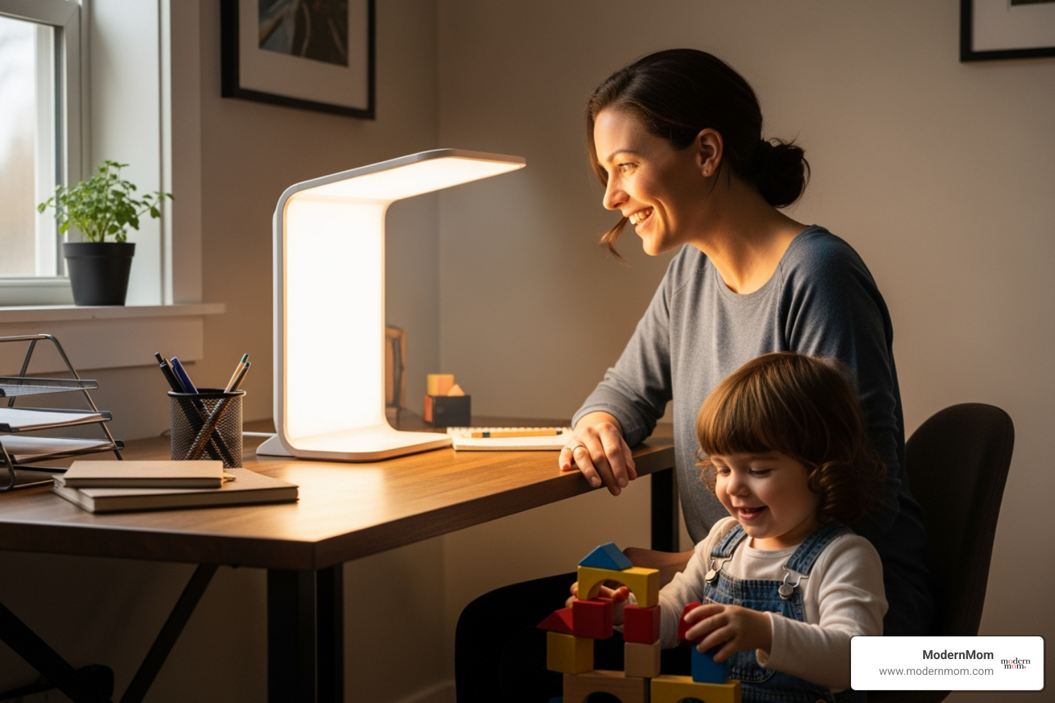 A mom smiling while using a light therapy lamp on her desk, with a toddler playing nearby on the floor - seasonal depression tips for moms