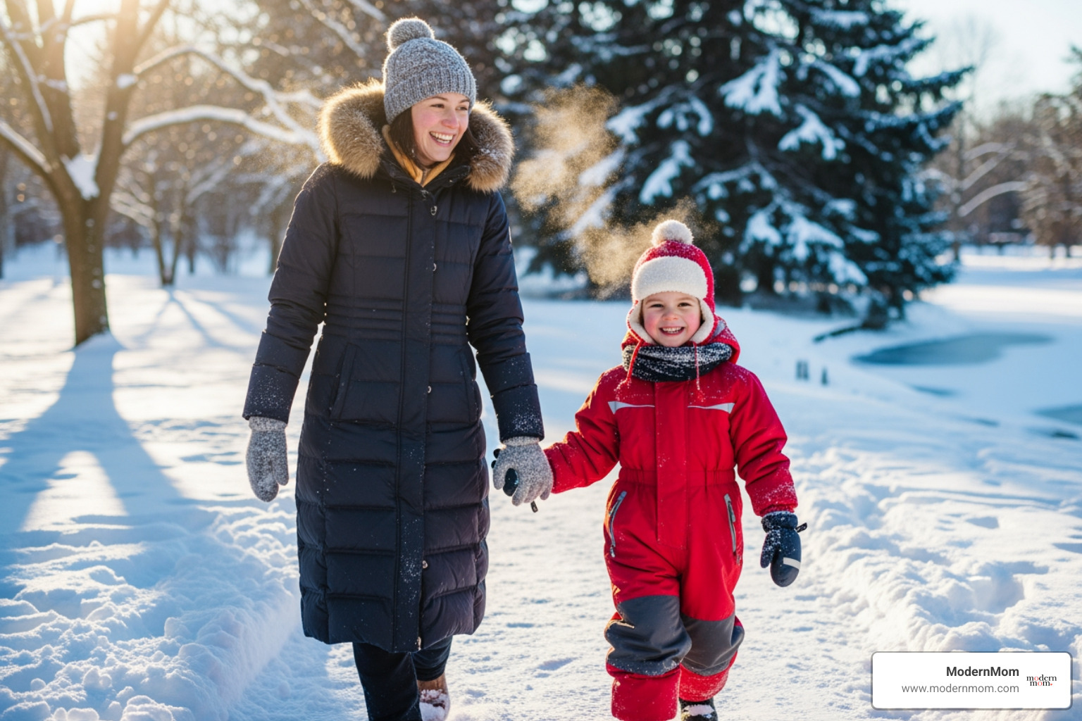 A mom and child bundled up in winter coats, smiling and walking hand-in-hand through a snowy, sunny park - seasonal depression tips for moms