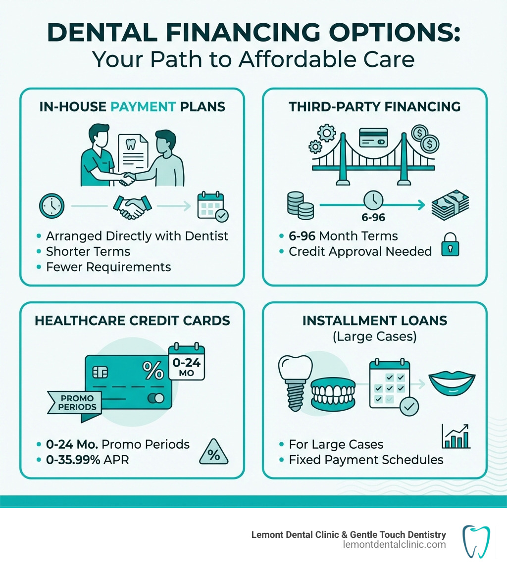 Infographic showing the main types of dental financing options: In-house payment plans arranged directly with your dentist for shorter terms and fewer requirements; Third-party financing companies offering 6-96 month terms with credit approval; Healthcare credit cards with 0-24 month promotional periods and 0-35.99% APR; and Installment loans for large cases with fixed payment schedules - Dental payment plans infographic 