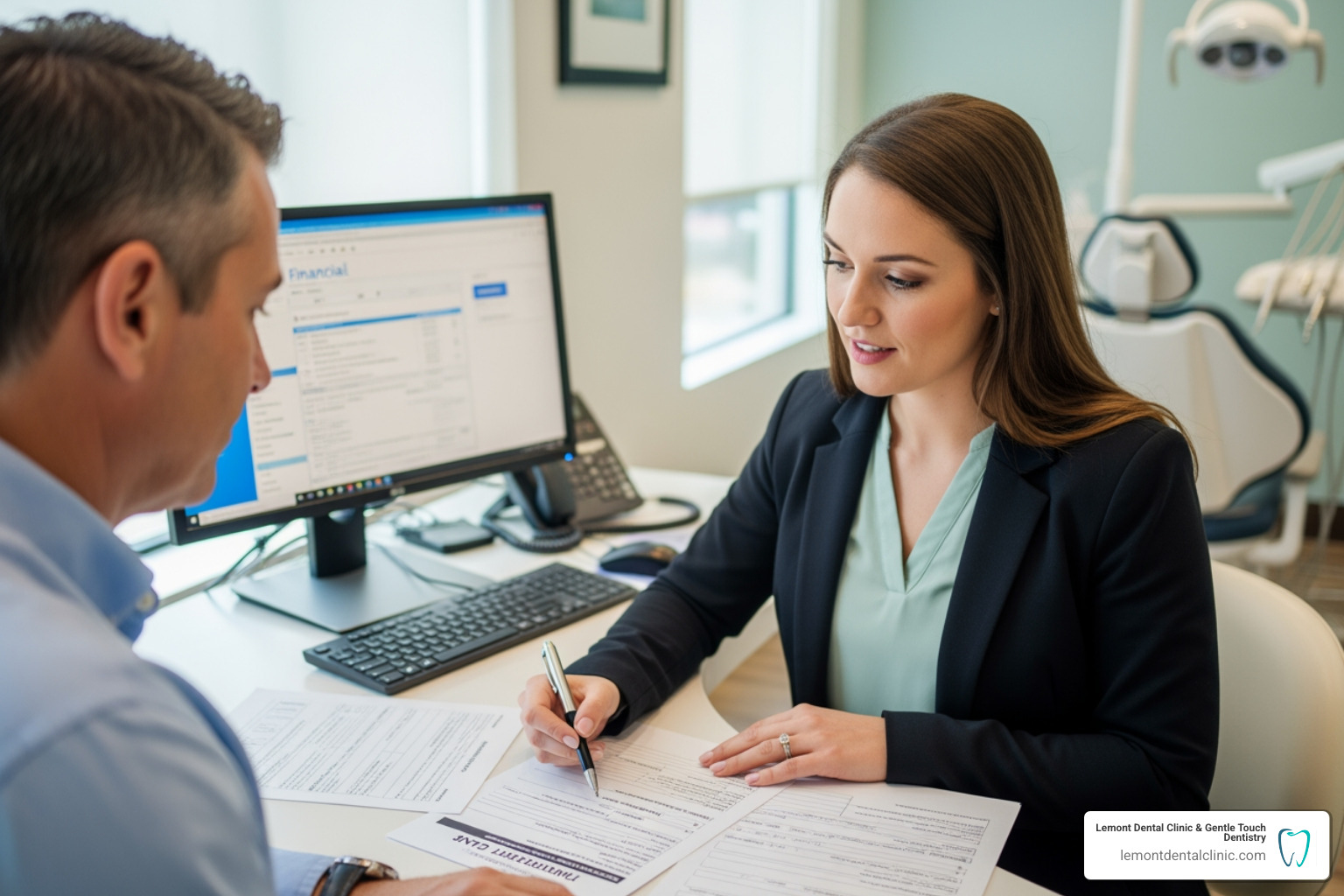 A dental office financial coordinator discussing payment options with a patient - Dental payment plans