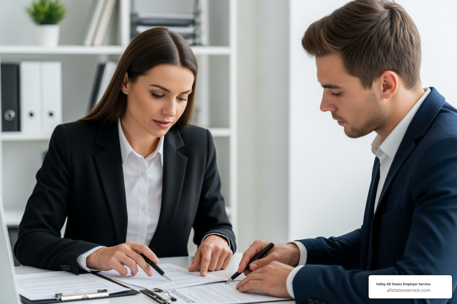 An HR manager reviewing documents with a new hire, demonstrating a compliant onboarding process. - federal employment compliance An HR manager reviewing documents with a new hire, demonstrating a compliant onboarding process. - federal employment compliance