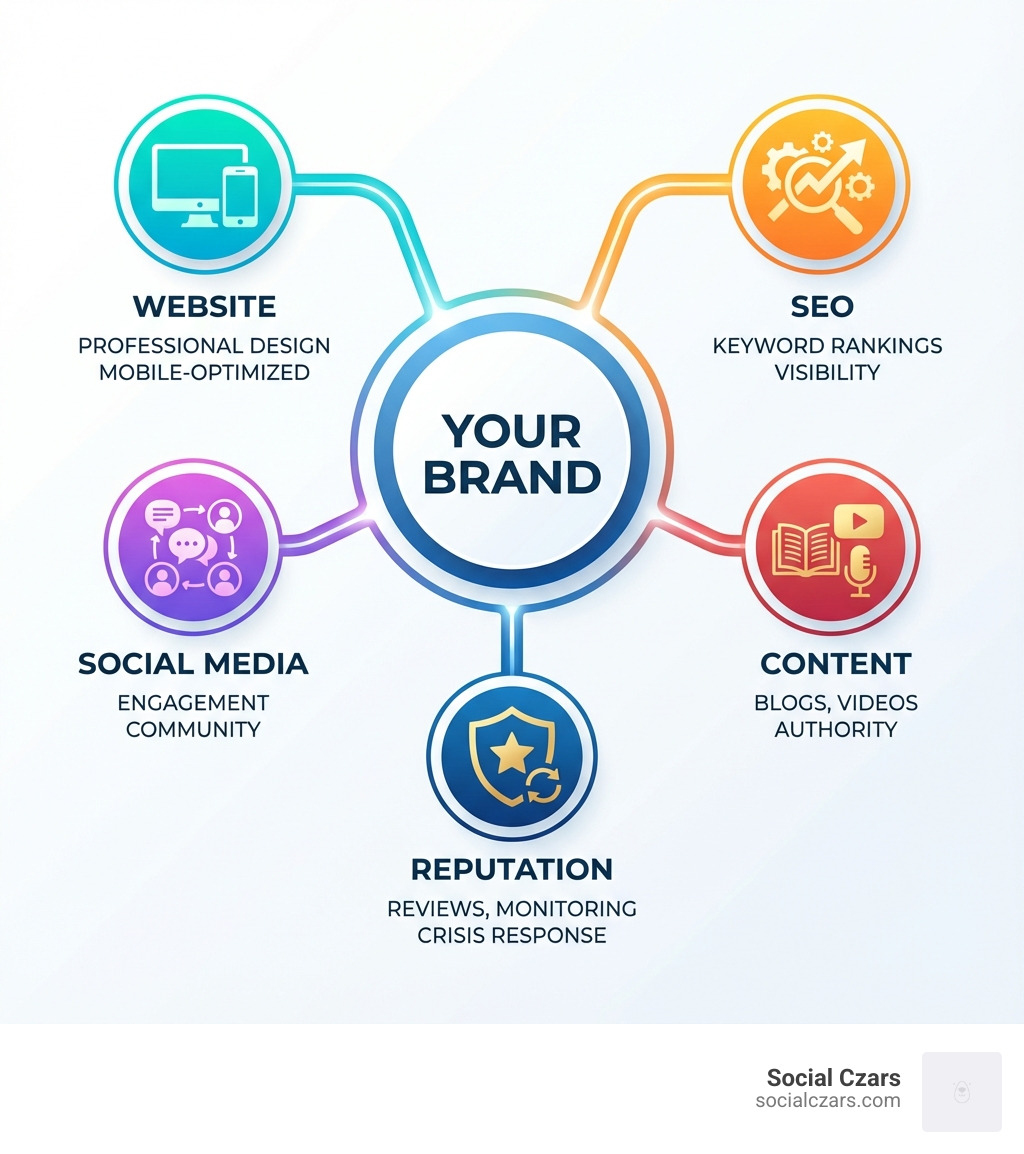 infographic showing the pillars of online presence: a central circle labeled 'Your Brand' with five connected elements - Website (professional design, mobile-optimized), SEO (keyword rankings, visibility), Social Media (engagement, community), Content (blogs, videos, authority), and Reputation (reviews, monitoring, crisis response) - Online presence optimization infographic 