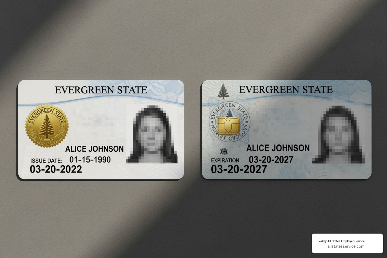 side-by-side comparison of a real and a counterfeit ID card, highlighting differences - identity document check