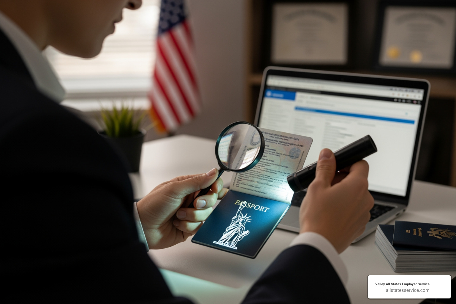 person examining a passport with a magnifying glass and UV light - identity document check
