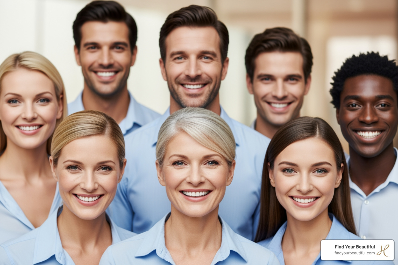 diverse group of smiling men and women with defined jawlines - jawline filler before and after