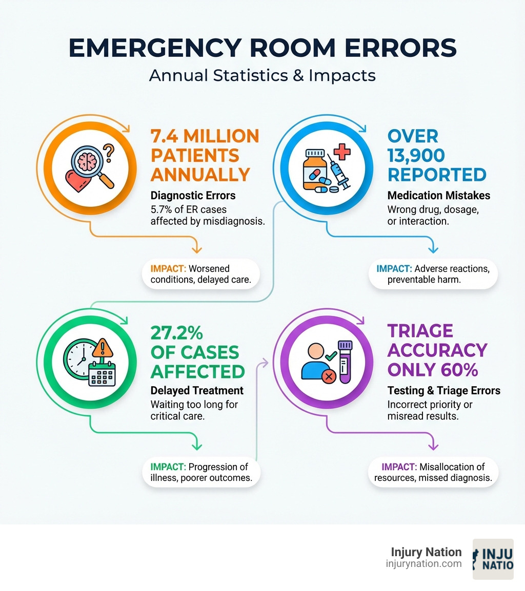 Infographic showing ER error statistics: 7.4 million patients experience diagnostic errors annually, over 13,900 medication errors reported, 27.2% of cases affected by delayed treatment, and triage accuracy only 60%. Icons represent misdiagnosis, medication mistakes, treatment delays, and testing errors with their respective percentages and impacts. - Emergency room errors infographic 