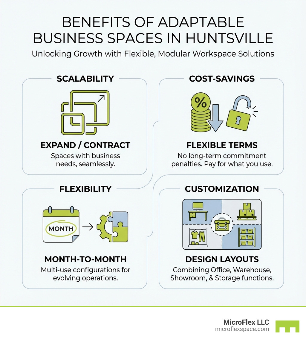 infographic showing four key benefits of adaptable business spaces: Scalability allows spaces to expand or contract with business needs, Cost-Savings through flexible terms and no long-term commitment penalties, Flexibility with month-to-month lease options and multi-use configurations, and Customization enabling businesses to design layouts combining office warehouse showroom and storage functions - Huntsville adaptable business space infographic 
