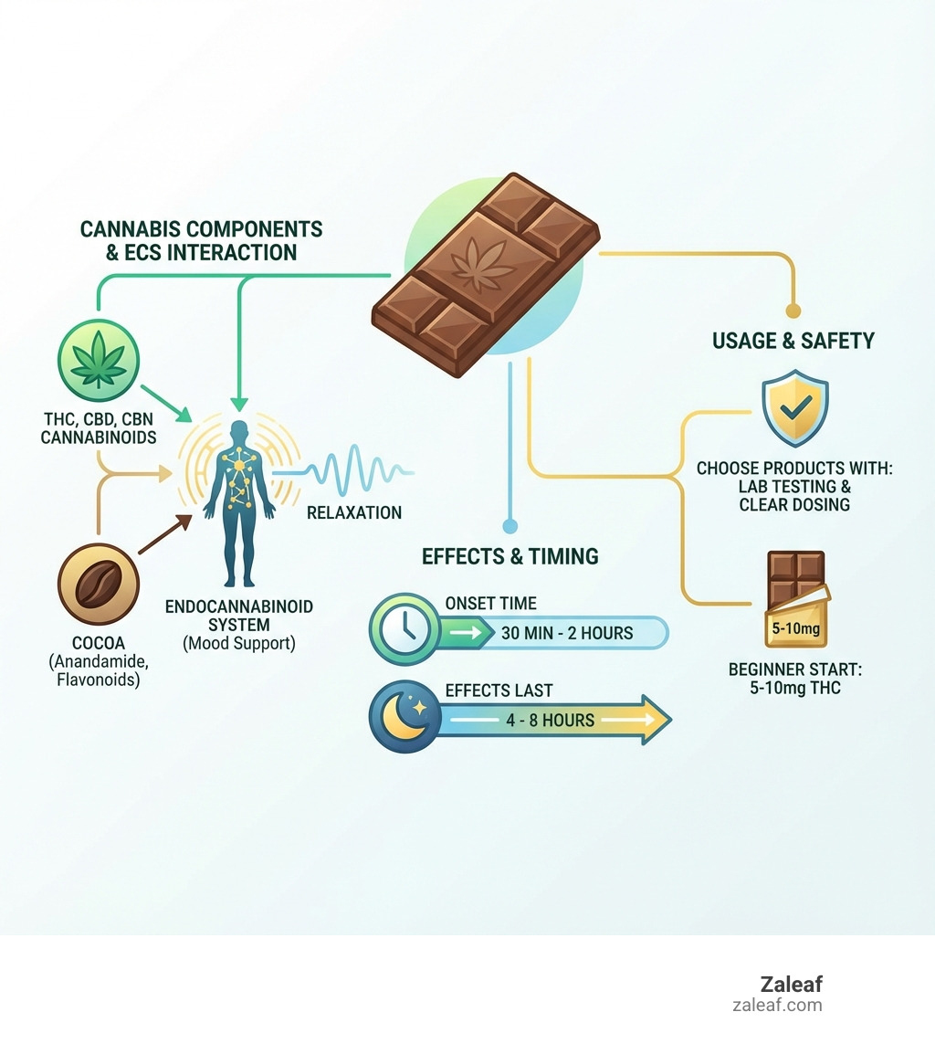 Infographic showing cannabis chocolate benefits: contains THC, CBD, and CBN cannabinoids that interact with the endocannabinoid system; cocoa provides anandamide and flavonoids for mood support; effects last 4-8 hours; onset time 30 minutes to 2 hours; choose products with lab testing and clear dosing; start with 5-10mg THC for beginners - cannabis chocolates for relaxation infographic Infographic showing cannabis chocolate benefits: contains THC, CBD, and CBN cannabinoids that interact with the endocannabinoid system; cocoa provides anandamide and flavonoids for mood support; effects last 4-8 hours; onset time 30 minutes to 2 hours; choose products with lab testing and clear dosing; start with 5-10mg THC for beginners - cannabis chocolates for relaxation infographic