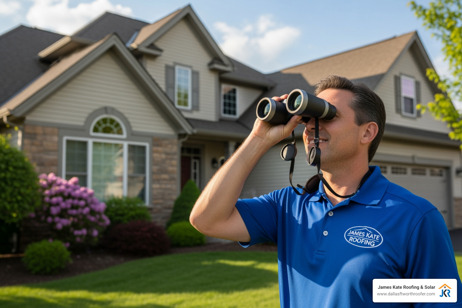 homeowner in a royal blue James Kate Roofing shirt safely inspecting a roof from the ground with binoculars - roof maintenance homeowner in a royal blue James Kate Roofing shirt safely inspecting a roof from the ground with binoculars - roof maintenance
