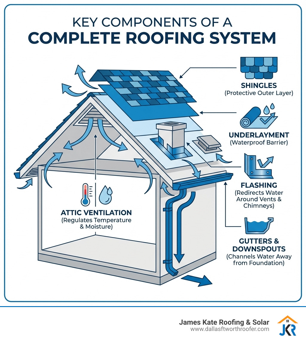 infographic showing the key components of a complete roofing system including shingles as the protective outer layer, underlayment as the waterproof barrier, flashing around chimneys and vents to redirect water, proper attic ventilation to regulate temperature and moisture, and gutters and downspouts to channel water away from the foundation - roof maintenance infographic infographic showing the key components of a complete roofing system including shingles as the protective outer layer, underlayment as the waterproof barrier, flashing around chimneys and vents to redirect water, proper attic ventilation to regulate temperature and moisture, and gutters and downspouts to channel water away from the foundation - roof maintenance infographic