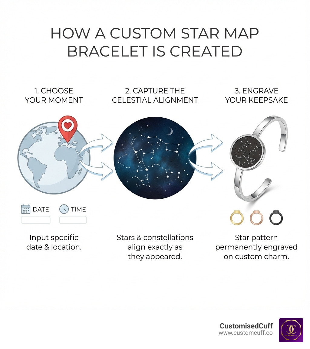 Infographic showing how a custom star map bracelet is created: Earth with a specific location pinned, arrows pointing to the date and time input, connecting to a visualization of the night sky with stars and constellations aligned as they appeared at that exact moment, finally showing the star pattern engraved on a bracelet charm - custom star map bracelet infographic 
