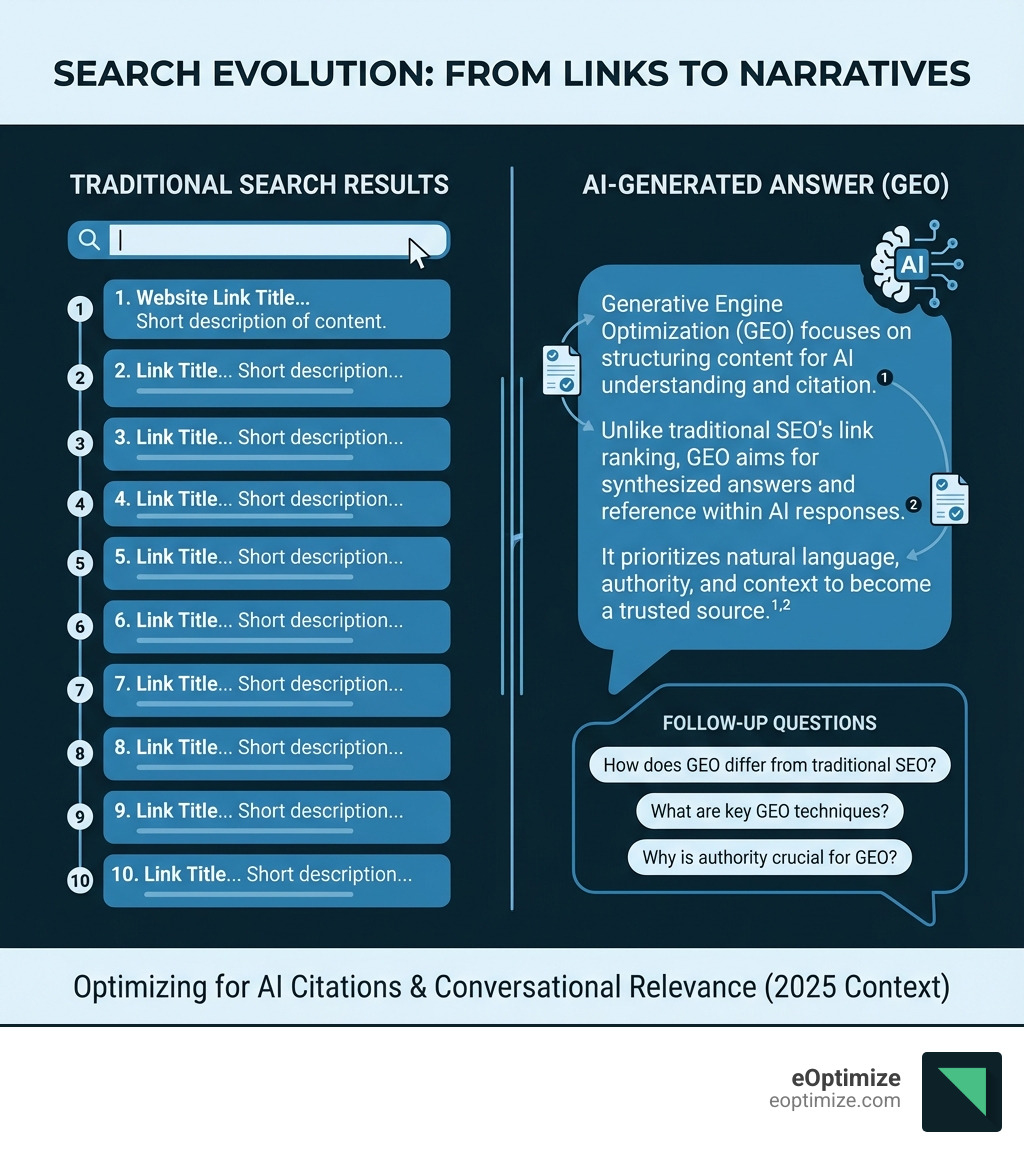 Infographic comparing traditional search results showing a list of website links versus AI-generated answers with synthesized information, citations, and conversational format. Traditional search shows blue links ranked 1-10, while AI search shows a narrative answer with embedded source references and follow-up questions - Generative Engine Optimization (GEO) infographic 