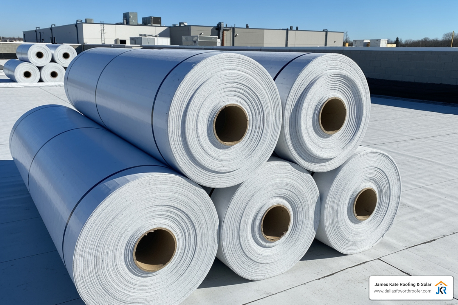 rolls of white TPO roofing membrane ready for installation - commercial roof rolls of white TPO roofing membrane ready for installation - commercial roof