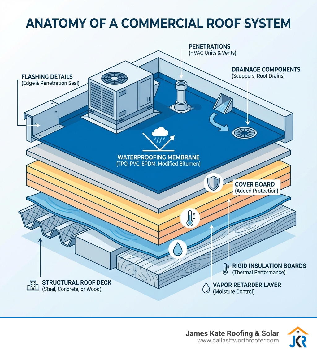 Infographic showing the layered anatomy of a commercial roof system: starting from the bottom with the structural roof deck (steel, concrete, or wood), followed by a vapor retarder layer, rigid insulation boards for thermal performance, a cover board for added protection, the waterproofing membrane on top (TPO, PVC, EPDM, or modified bitumen), and finishing with flashing details at edges, penetrations like HVAC units and vents, and drainage components such as scuppers and roof drains - commercial roof infographic Infographic showing the layered anatomy of a commercial roof system: starting from the bottom with the structural roof deck (steel, concrete, or wood), followed by a vapor retarder layer, rigid insulation boards for thermal performance, a cover board for added protection, the waterproofing membrane on top (TPO, PVC, EPDM, or modified bitumen), and finishing with flashing details at edges, penetrations like HVAC units and vents, and drainage components such as scuppers and roof drains - commercial roof infographic