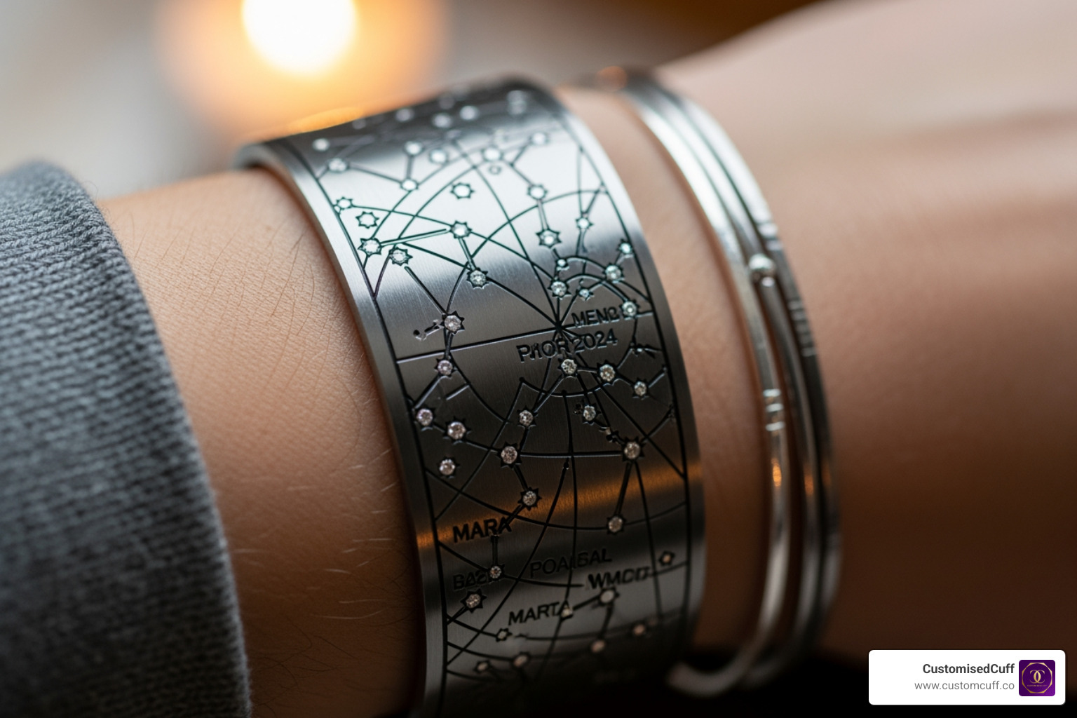 Online star map bracelet customization tool showing fields for date, location, and a live preview of the star map on a bracelet charm - custom star map bracelet