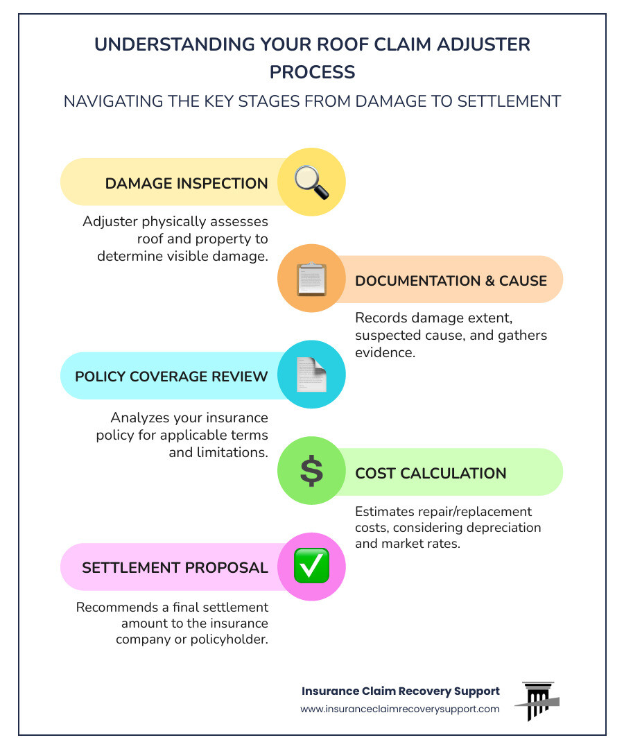 infographic showing the roof claim adjuster process from initial inspection through damage assessment, policy review, cost estimation, and settlement recommendation, with icons for company adjuster vs public adjuster - Roof claim adjuster infographic infographic-line-5-steps-colors