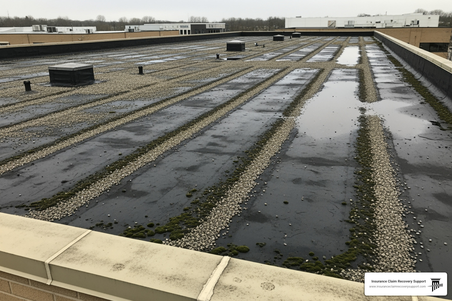 damaged commercial roof with subtle marks - Roof claim adjuster