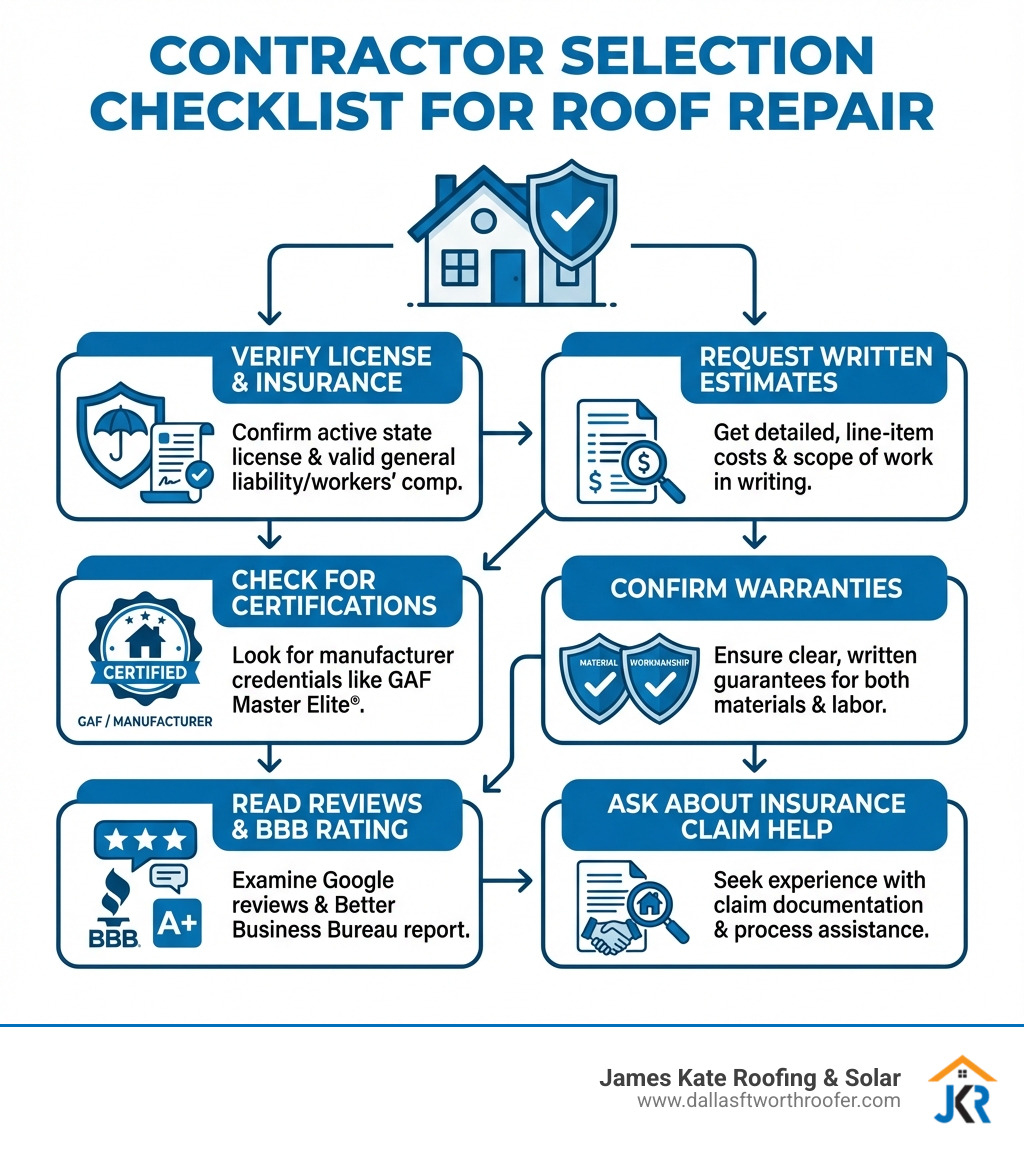 infographic showing a checklist for selecting a contractor for roof repair: verify license and insurance, check for GAF or manufacturer certifications, read online reviews and BBB rating, request written estimates with line-item costs, confirm workmanship and material warranties, and ask about insurance claim assistance - contractor for roof repair infographic infographic showing a checklist for selecting a contractor for roof repair: verify license and insurance, check for GAF or manufacturer certifications, read online reviews and BBB rating, request written estimates with line-item costs, confirm workmanship and material warranties, and ask about insurance claim assistance - contractor for roof repair infographic