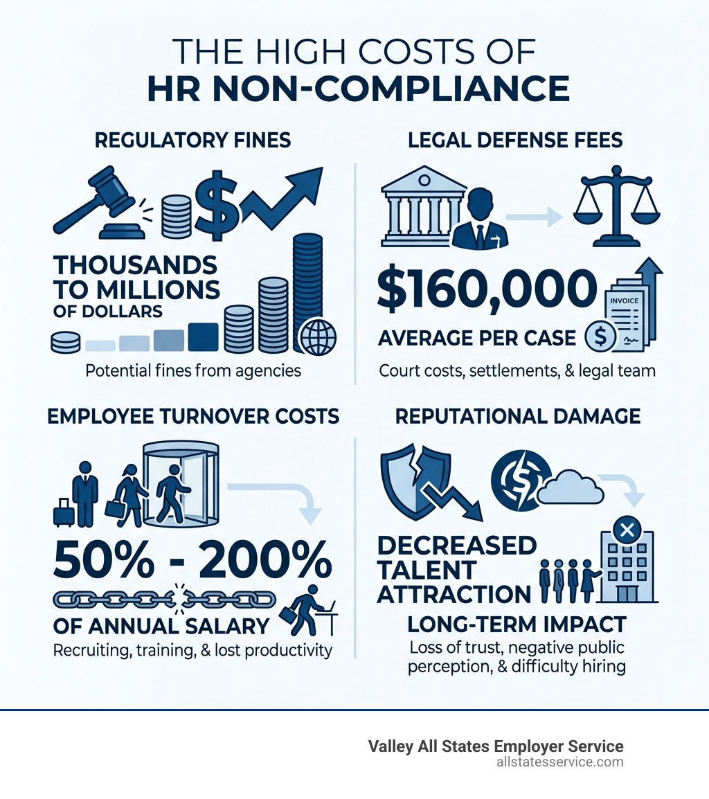 Infographic showing the costs of non-compliance including regulatory fines ranging from thousands to millions of dollars, legal defense fees averaging $160,000 per case, employee turnover costs of 50-200% of annual salary, and reputational damage leading to decreased talent attraction - HR compliance risk assessment infographic Infographic showing the costs of non-compliance including regulatory fines ranging from thousands to millions of dollars, legal defense fees averaging $160,000 per case, employee turnover costs of 50-200% of annual salary, and reputational damage leading to decreased talent attraction - HR compliance risk assessment infographic