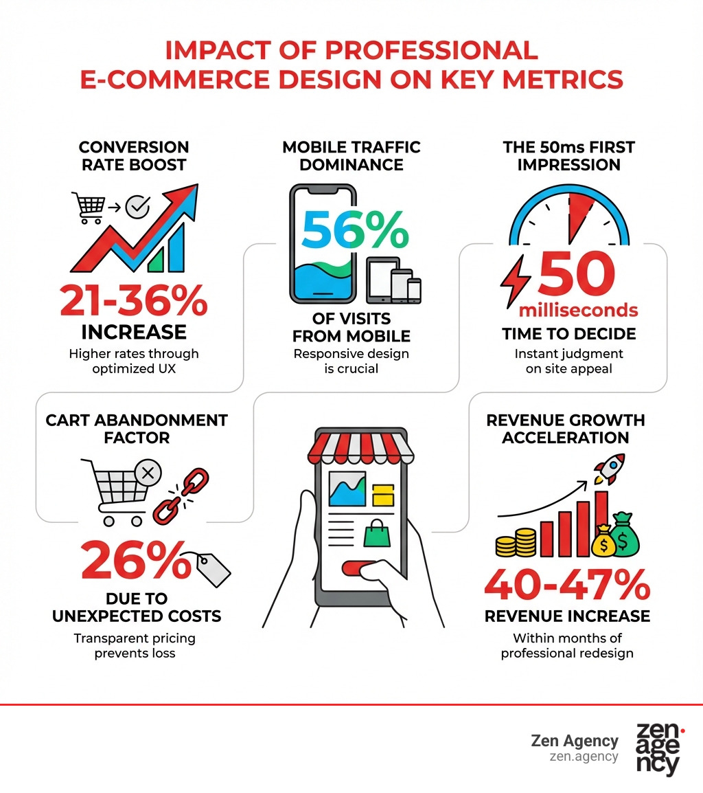 Infographic showing how professional e-commerce design impacts key business metrics: conversion rates increase by 21-36%, mobile traffic accounts for 56% of visits, customers decide if they like a site in 50 milliseconds, unexpected costs cause 26% of cart abandonment, and professional design can increase revenue by 40-47% within months - E-commerce design services infographic Infographic showing how professional e-commerce design impacts key business metrics: conversion rates increase by 21-36%, mobile traffic accounts for 56% of visits, customers decide if they like a site in 50 milliseconds, unexpected costs cause 26% of cart abandonment, and professional design can increase revenue by 40-47% within months - E-commerce design services infographic