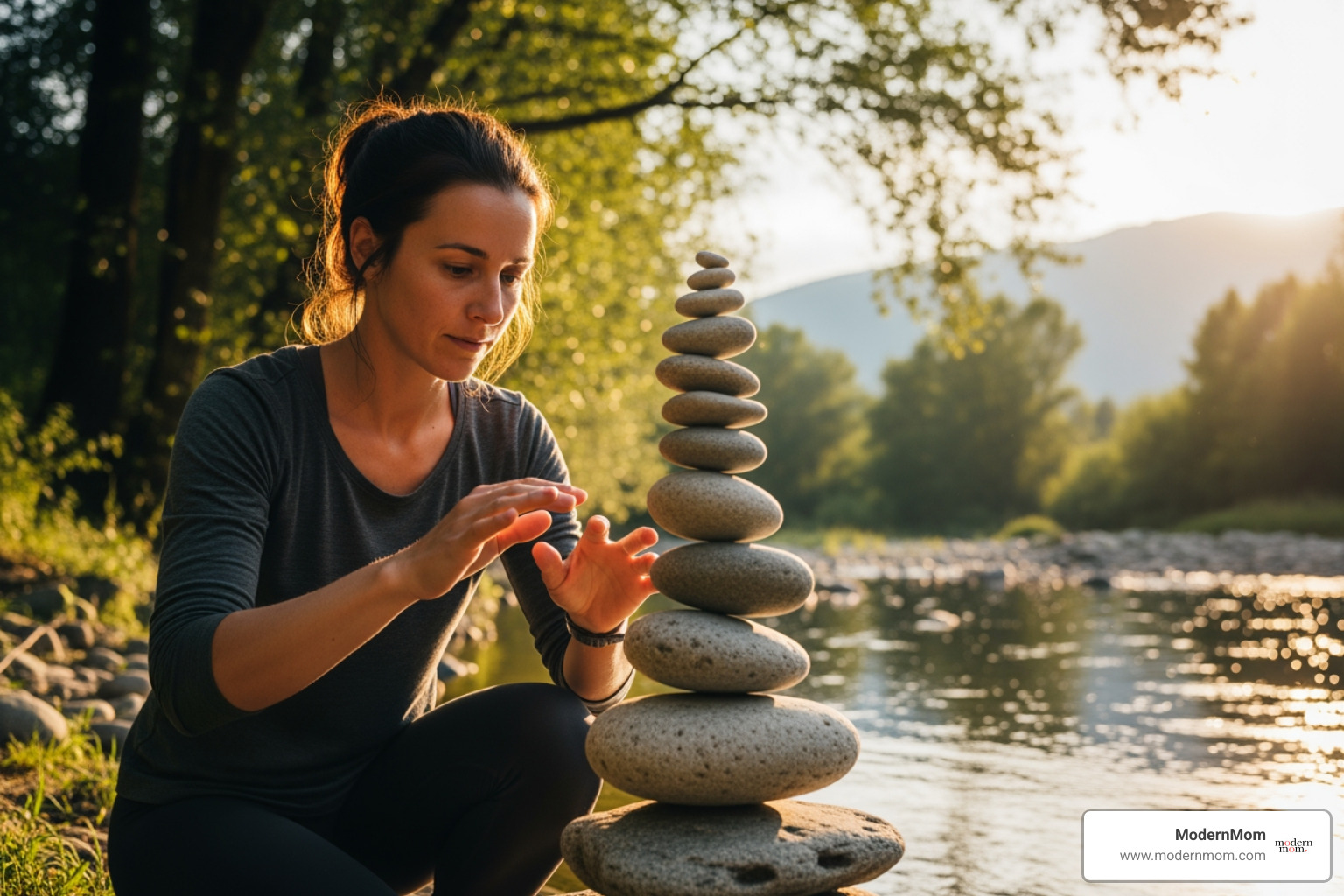 woman stacking smooth stones - New Year habits