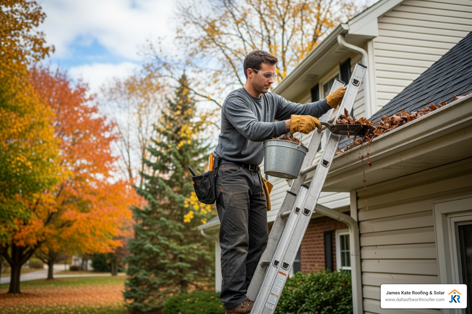 A homeowner safely cleaning leaves from their gutters using a ladder and gloves. - roof maintenance services A homeowner safely cleaning leaves from their gutters using a ladder and gloves. - roof maintenance services