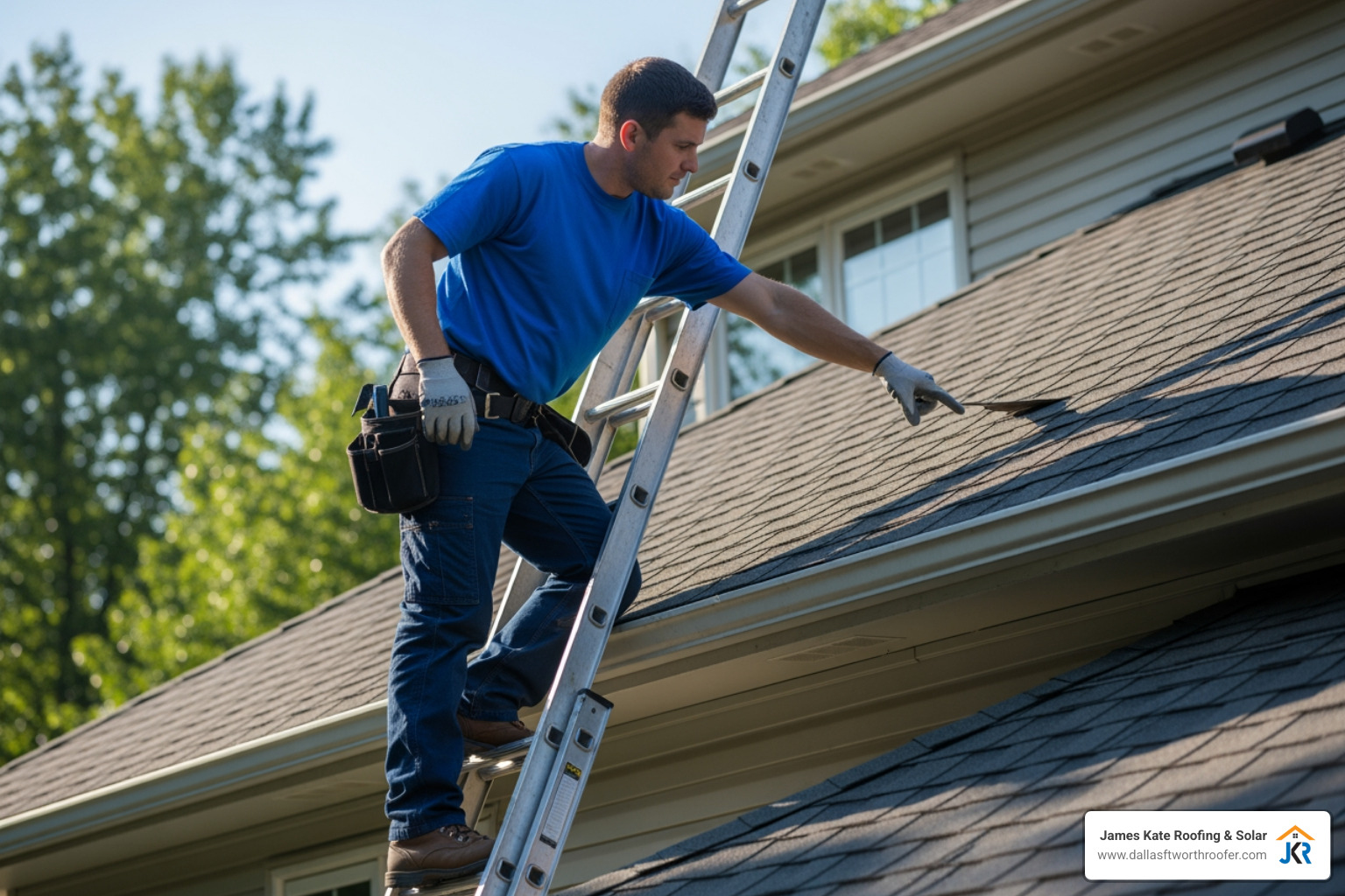 James Kate Roofing professional safely inspecting shingles from a ladder. - roof maintenance services James Kate Roofing professional safely inspecting shingles from a ladder. - roof maintenance services