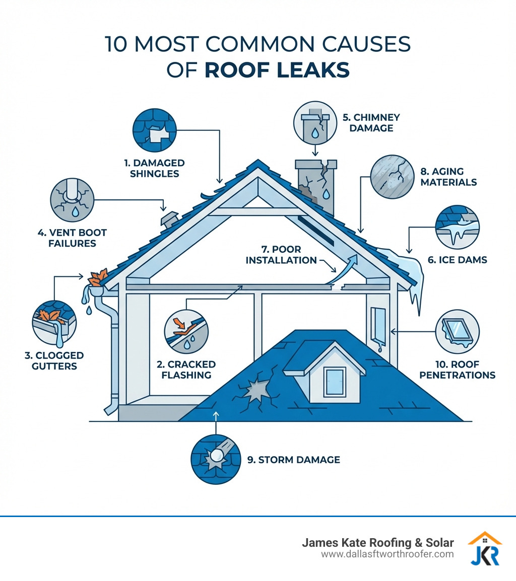 Infographic showing the 10 most common causes of roof leaks including damaged shingles, cracked flashing, clogged gutters, vent boot failures, chimney damage, ice dams, poor installation, aging materials, storm damage, and roof penetrations with their typical locations marked on a diagram of a house - roof repair infographic Infographic showing the 10 most common causes of roof leaks including damaged shingles, cracked flashing, clogged gutters, vent boot failures, chimney damage, ice dams, poor installation, aging materials, storm damage, and roof penetrations with their typical locations marked on a diagram of a house - roof repair infographic