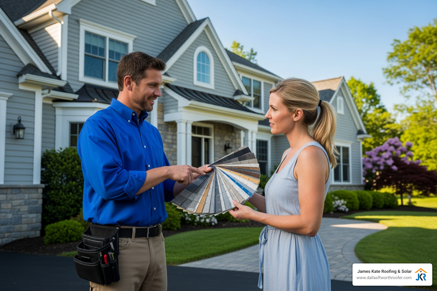 A project manager in a royal blue James Kate Roofing shirt reviewing different shingle color samples against their home's exterior with a homeowner - shingle roofers A project manager in a royal blue James Kate Roofing shirt reviewing different shingle color samples against their home's exterior with a homeowner - shingle roofers