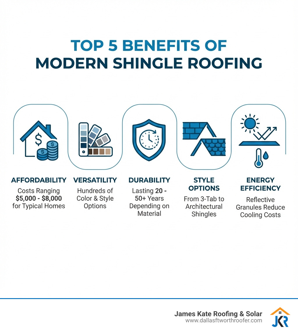 infographic showing the top 5 benefits of modern shingle roofing: affordability with costs ranging $5,000-$8,000 for typical homes, versatility with hundreds of color and style options, durability lasting 20-50+ years depending on material, style options from 3-tab to architectural shingles, and energy efficiency with reflective granules that reduce cooling costs - shingle roofers infographic infographic showing the top 5 benefits of modern shingle roofing: affordability with costs ranging $5,000-$8,000 for typical homes, versatility with hundreds of color and style options, durability lasting 20-50+ years depending on material, style options from 3-tab to architectural shingles, and energy efficiency with reflective granules that reduce cooling costs - shingle roofers infographic