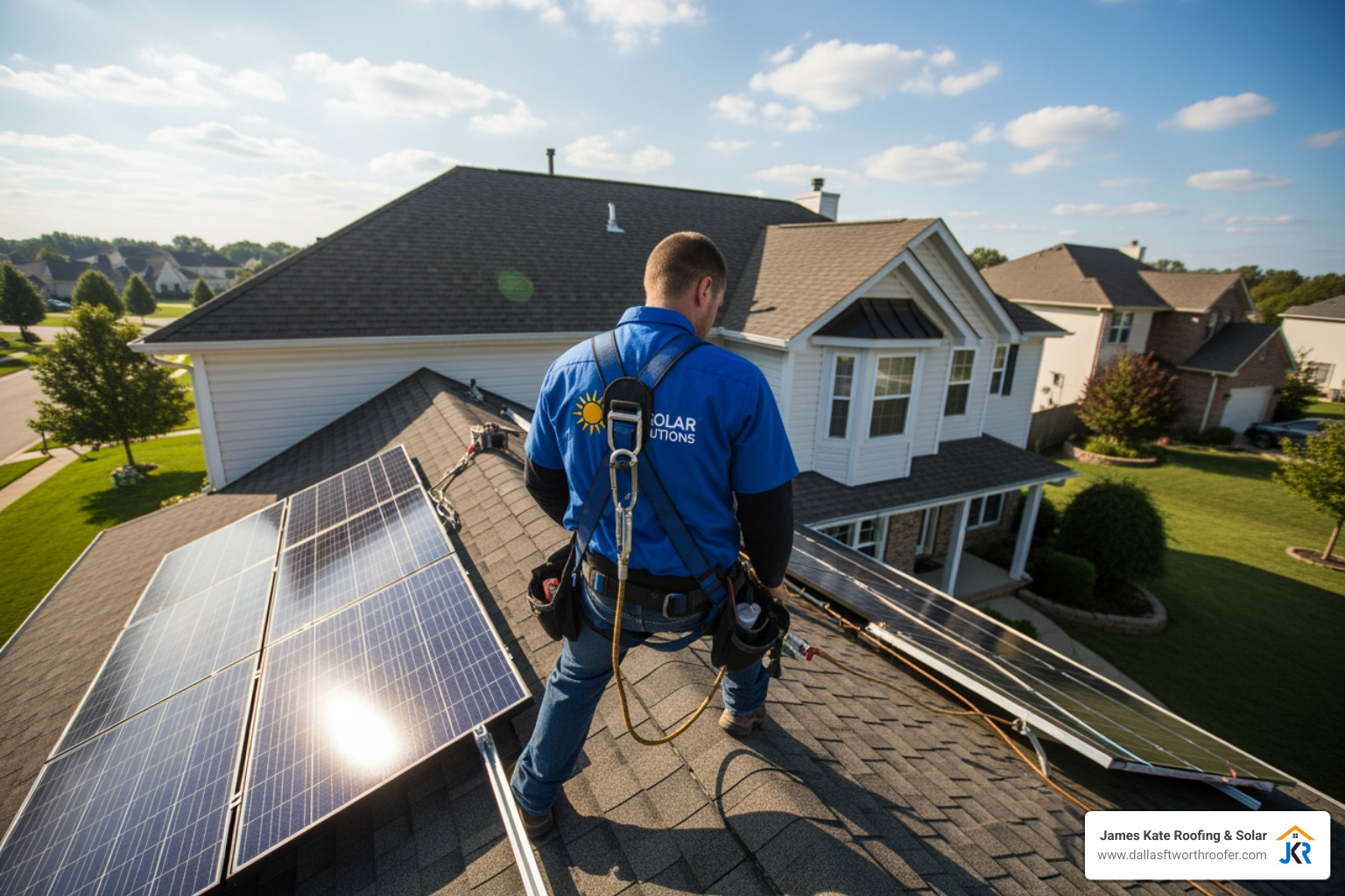 A professional in a royal blue James Kate Roofing shirt installing a solar panel on a residential roof - Solar panel cost A professional in a royal blue James Kate Roofing shirt installing a solar panel on a residential roof - Solar panel cost