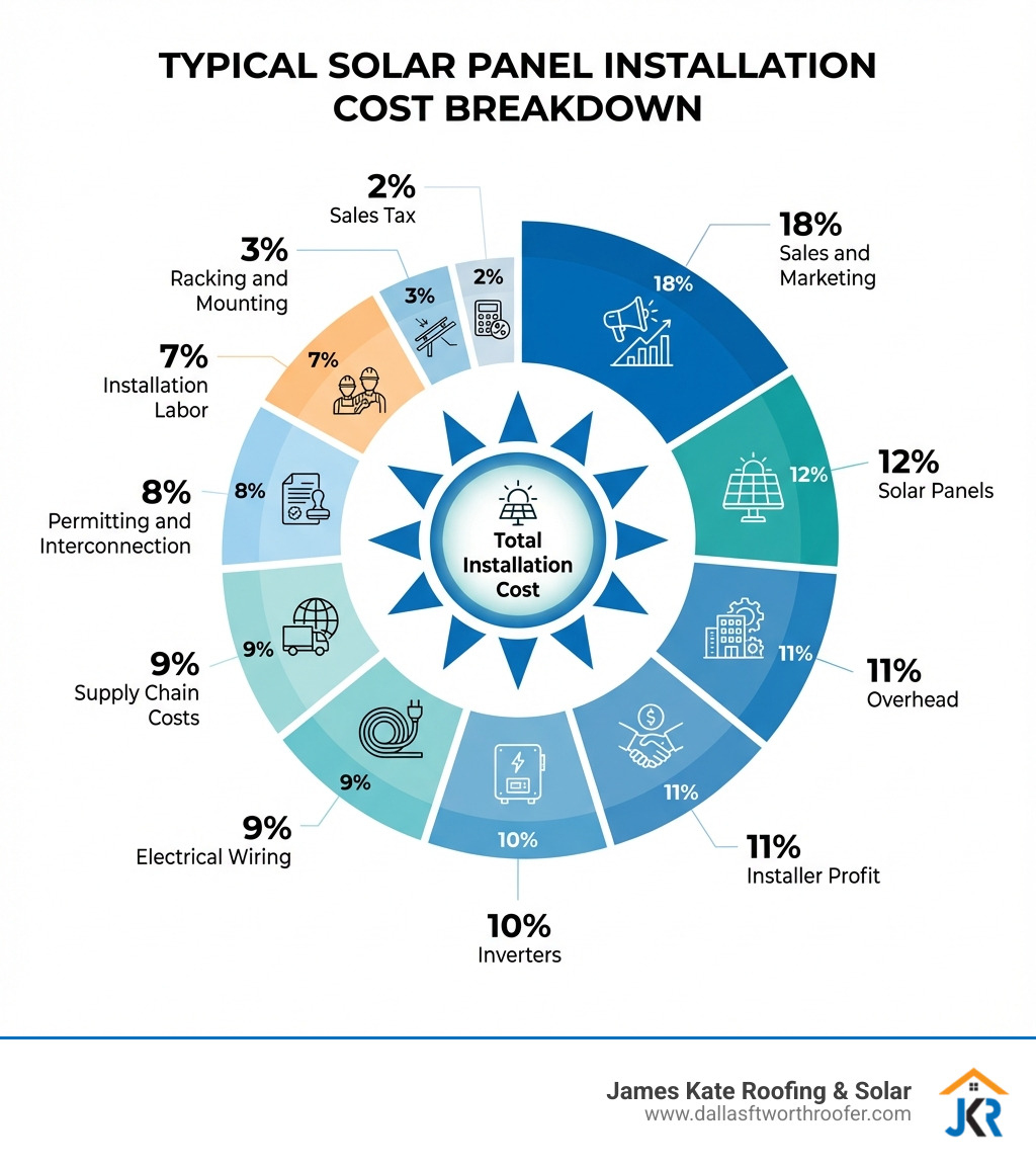 Infographic showing the cost breakdown of a typical solar panel installation: 12% solar panels, 10% inverters, 3% racking and mounting, 9% electrical wiring, 9% supply chain costs, 2% sales tax, 7% installation labor, 18% sales and marketing, 11% overhead, 8% permitting and interconnection, and 11% installer profit - Solar panel cost infographic Infographic showing the cost breakdown of a typical solar panel installation: 12% solar panels, 10% inverters, 3% racking and mounting, 9% electrical wiring, 9% supply chain costs, 2% sales tax, 7% installation labor, 18% sales and marketing, 11% overhead, 8% permitting and interconnection, and 11% installer profit - Solar panel cost infographic