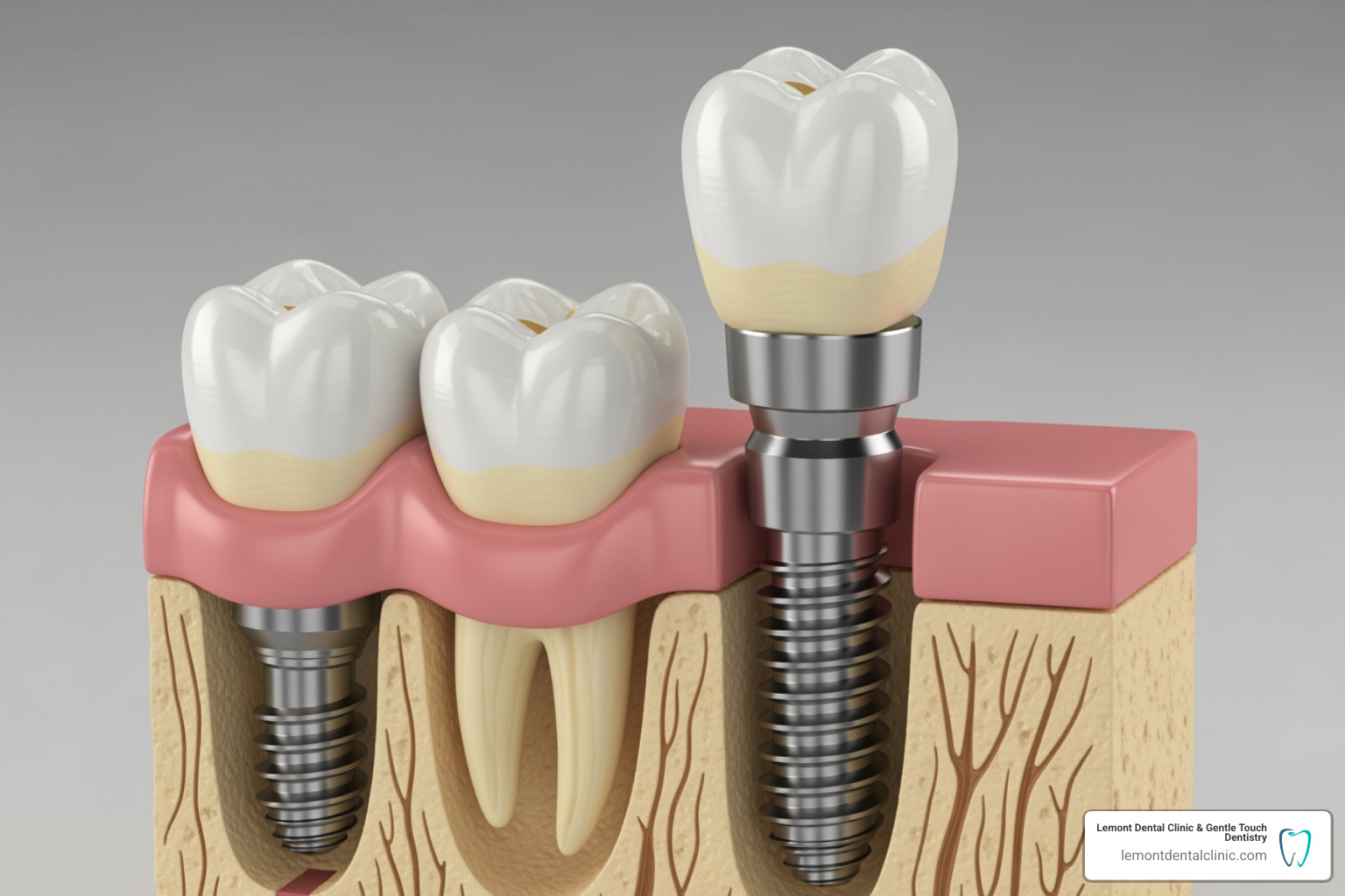 Dental implant model showing the titanium post in the jawbone - temporary tooth while waiting for implant