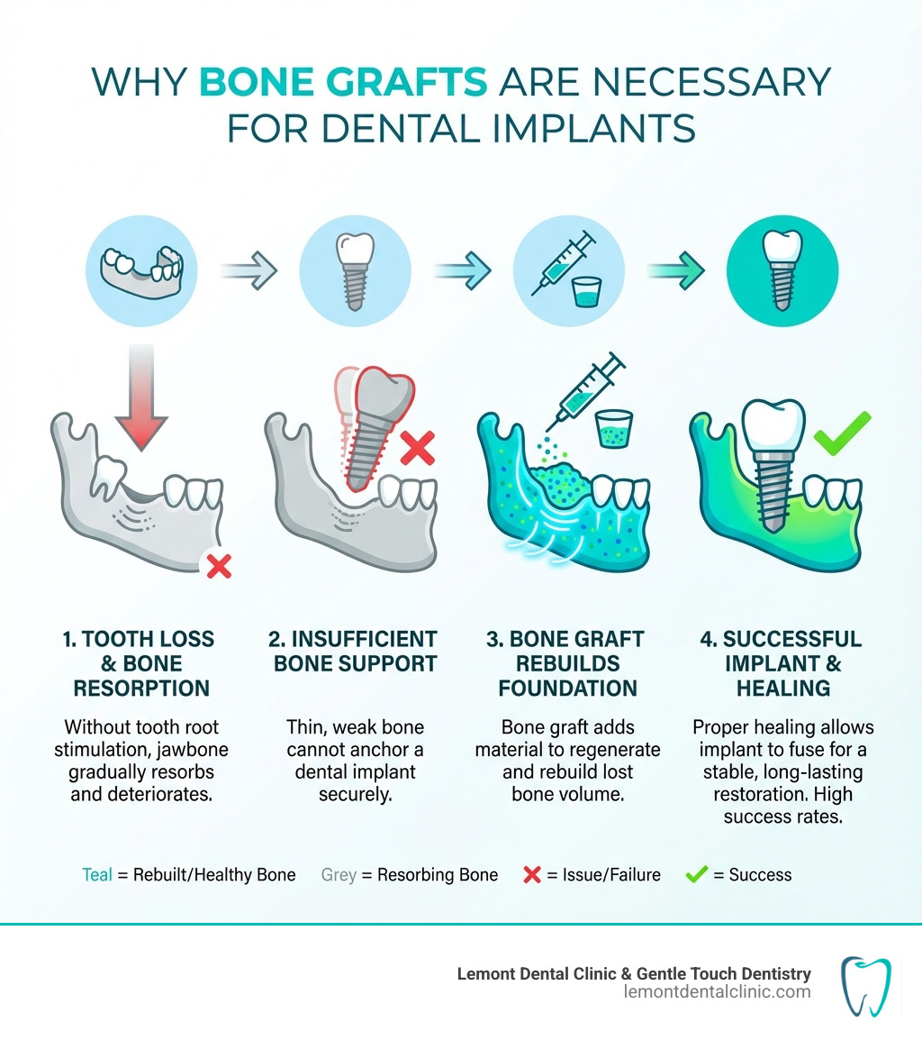 Infographic showing why bone grafts are necessary: tooth loss leads to bone resorption, insufficient bone cannot support implants, bone grafts rebuild the foundation, and proper healing allows for successful implant placement with high success rates - bone graft for tooth implant infographic Infographic showing why bone grafts are necessary: tooth loss leads to bone resorption, insufficient bone cannot support implants, bone grafts rebuild the foundation, and proper healing allows for successful implant placement with high success rates - bone graft for tooth implant infographic