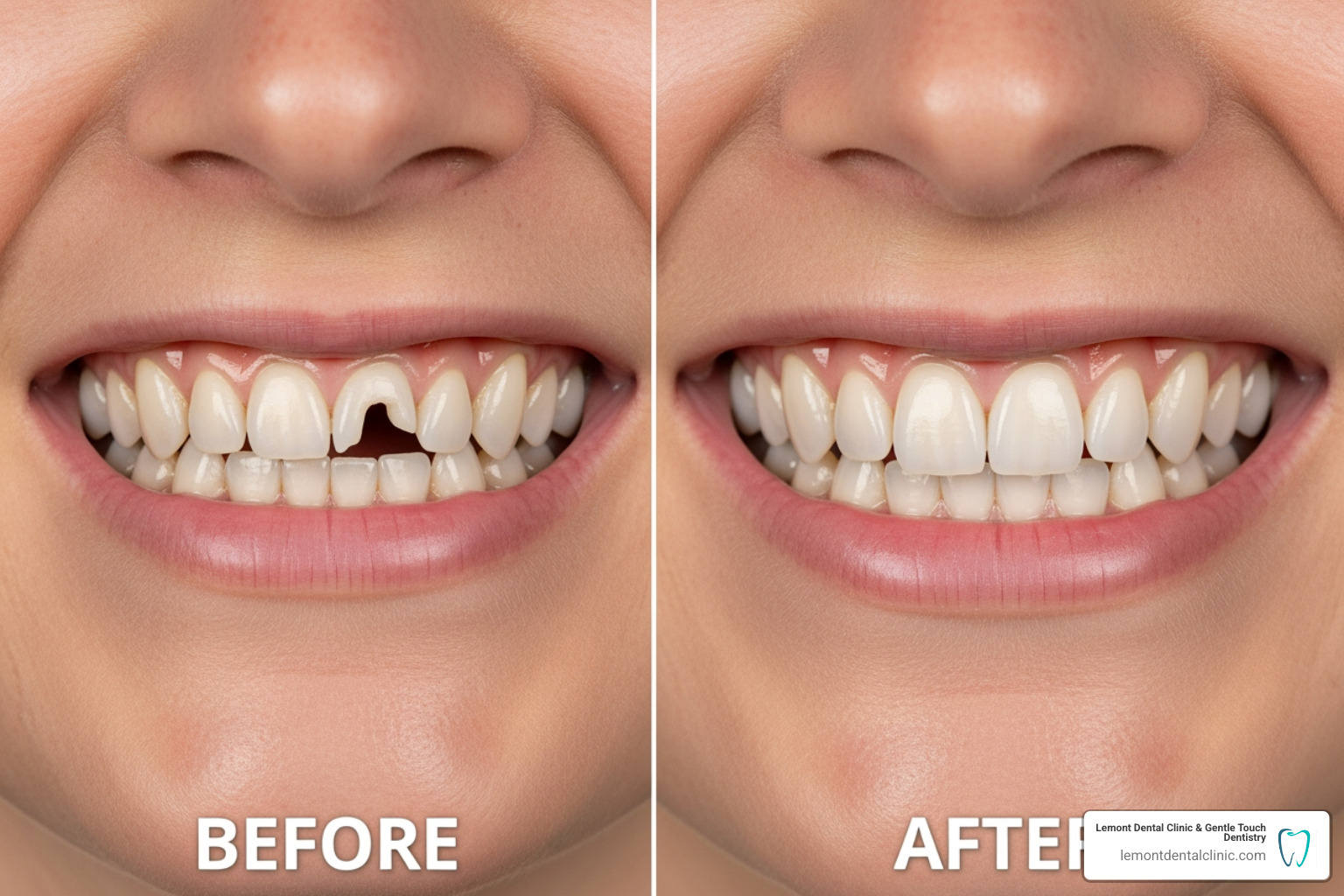 seamless before-and-after smile with a front partial denture - Dentures for front teeth