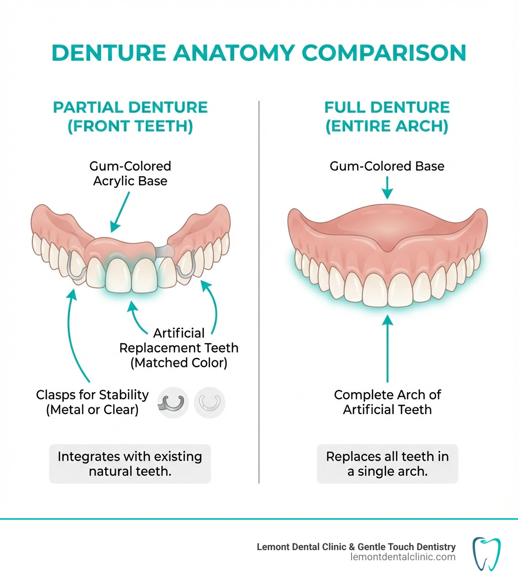infographic showing the anatomy of a partial denture for front teeth, including the gum-colored acrylic base, artificial replacement teeth matched to natural tooth color, and metal or clear clasps that attach to adjacent natural teeth for stability, compared side-by-side with a full denture that replaces an entire arch - Dentures for front teeth infographic 