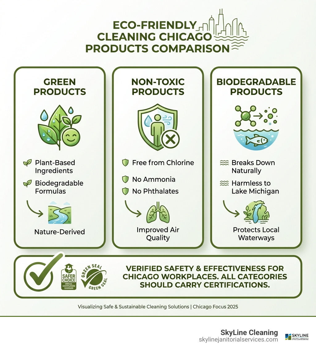 Infographic comparing eco-friendly cleaning Chicago products: Green products use plant-based ingredients and biodegradable formulas; Non-Toxic products are free from chlorine, ammonia, and phthalates; Biodegradable products break down naturally without harming Lake Michigan; All three categories should carry EPA Safer Choice or Green Seal certifications for verified safety and effectiveness in Chicago workplaces - eco-friendly cleaning Chicago infographic 