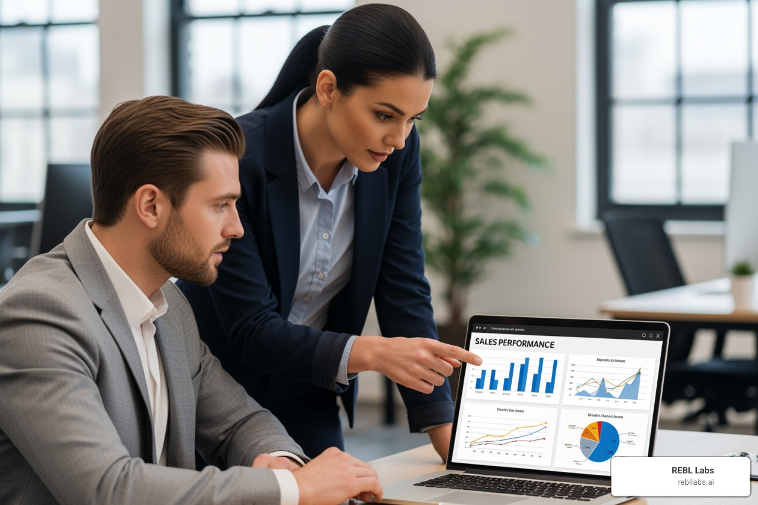 sales manager and rep collaborating over data-rich screen - AI for sales managers