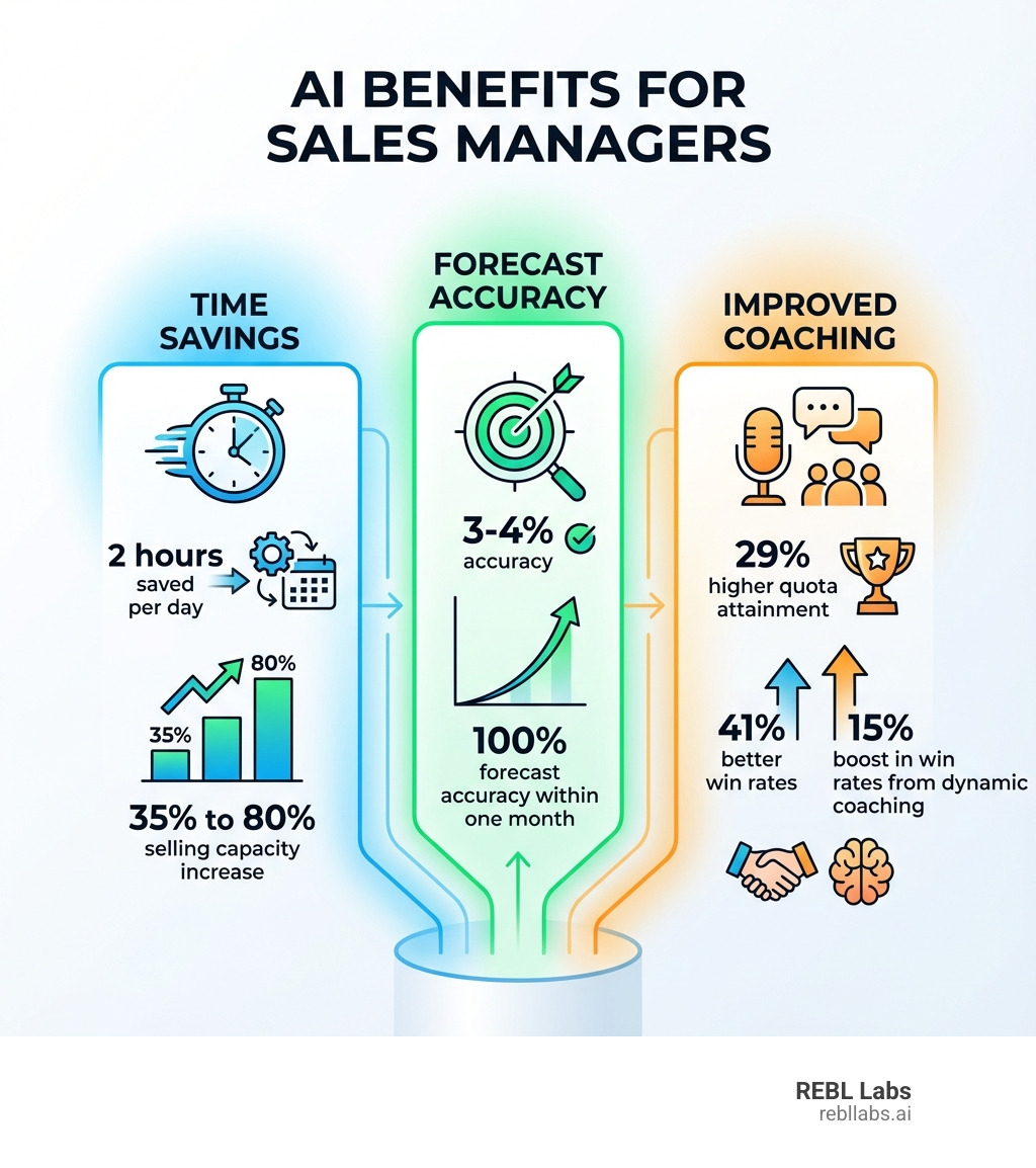 infographic showing AI benefits for sales managers with three pillars: Time Savings (2 hours saved per day, 35% to 80% selling capacity increase), Forecast Accuracy (3-4% accuracy, 100% forecast accuracy within one month), and Improved Coaching (29% higher quota attainment, 41% better win rates, 15% boost in win rates from dynamic coaching) - AI for sales managers infographic 