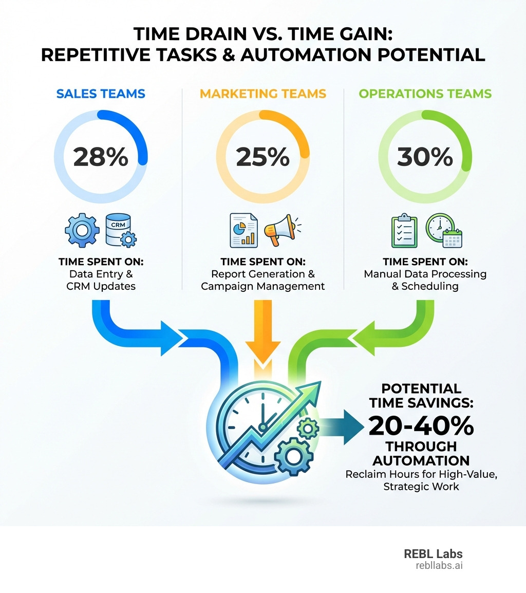 infographic showing the breakdown of time spent on repetitive tasks across different business functions: Sales teams spending 28% on data entry and CRM updates, Marketing teams spending 25% on report generation and campaign management, Operations teams spending 30% on manual data processing and scheduling, with arrows pointing to potential time savings of 20-40% through automation - automate repetitive tasks infographic 