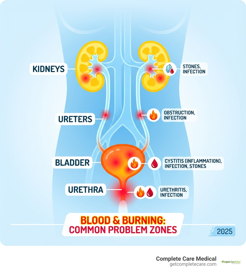 infographic showing the urinary system with labeled parts including kidneys, ureters, bladder, and urethra, with highlighted areas indicating common problem zones where blood and burning sensations occur - blood and burning when i pee infographic infographic showing the urinary system with labeled parts including kidneys, ureters, bladder, and urethra, with highlighted areas indicating common problem zones where blood and burning sensations occur - blood and burning when i pee infographic