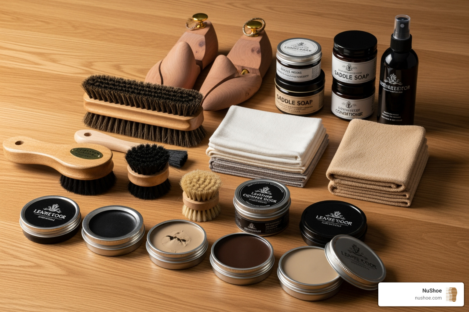 complete leather shoe care kit laid out - Recondition leather shoes