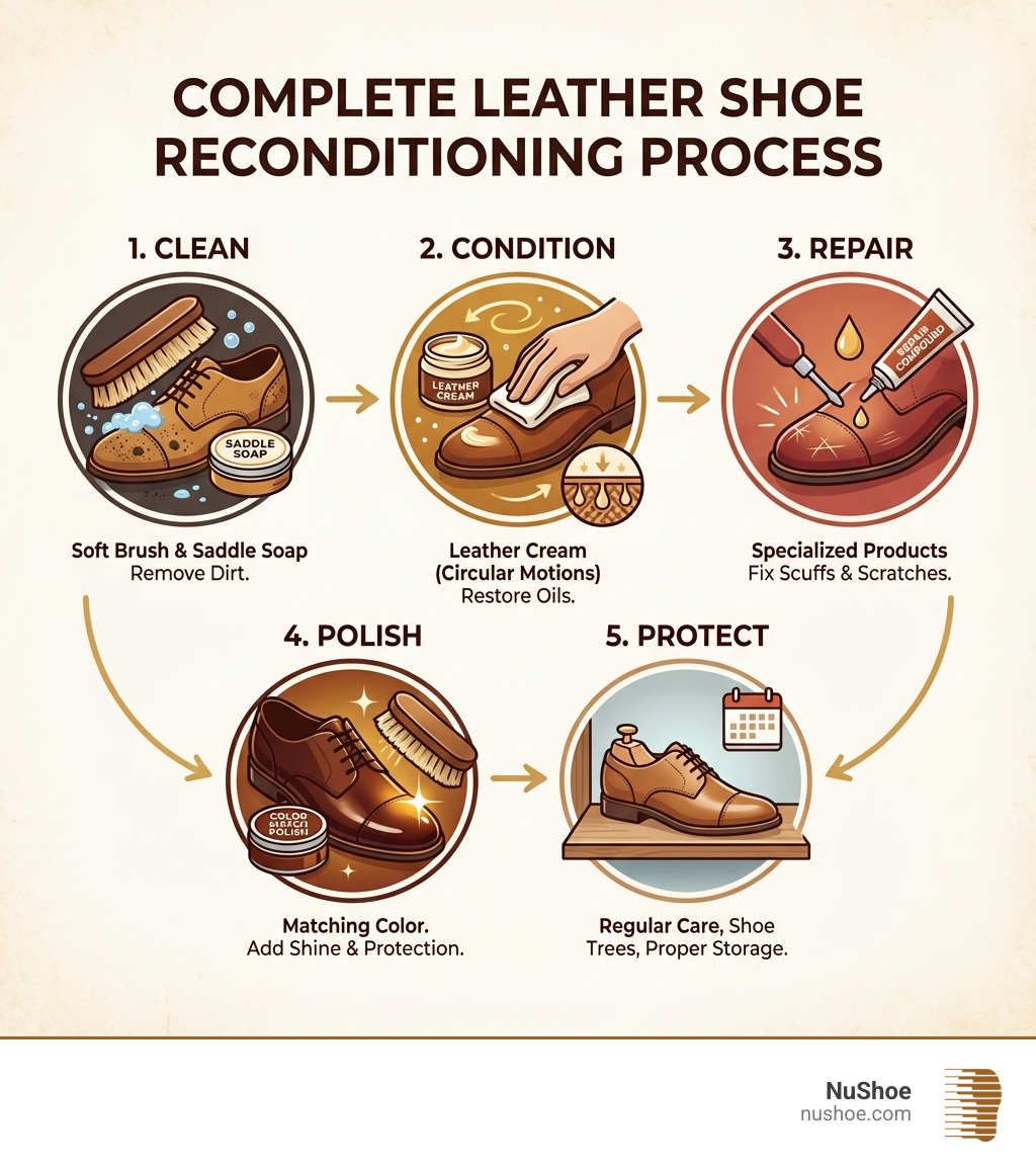 Infographic showing the complete leather shoe reconditioning process: Step 1 - Clean with soft brush and saddle soap to remove dirt; Step 2 - Condition with leather cream using circular motions to restore oils; Step 3 - Repair scuffs and scratches with specialized products; Step 4 - Polish with matching color to add shine and protection; Step 5 - Protect with regular maintenance, shoe trees, and proper storage - Recondition leather shoes infographic 