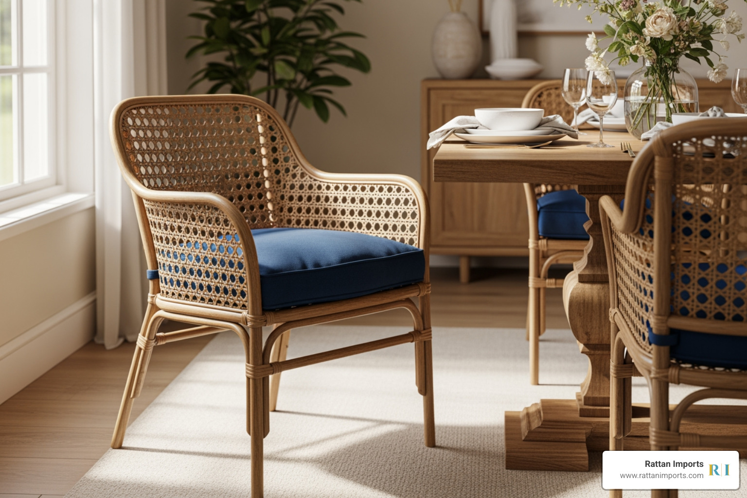 natural rattan dining arm chair with navy blue cushion - navy blue dining arm chair