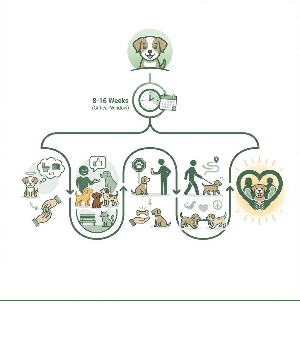 infographic showing the benefits of early puppy training including foundational manners at 8-16 weeks, confidence building through safe socialization, basic obedience skills like sit and stay, leash walking and gentle play habits, and a strong bond with your family - puppy boot camp infographic infographic showing the benefits of early puppy training including foundational manners at 8-16 weeks, confidence building through safe socialization, basic obedience skills like sit and stay, leash walking and gentle play habits, and a strong bond with your family - puppy boot camp infographic