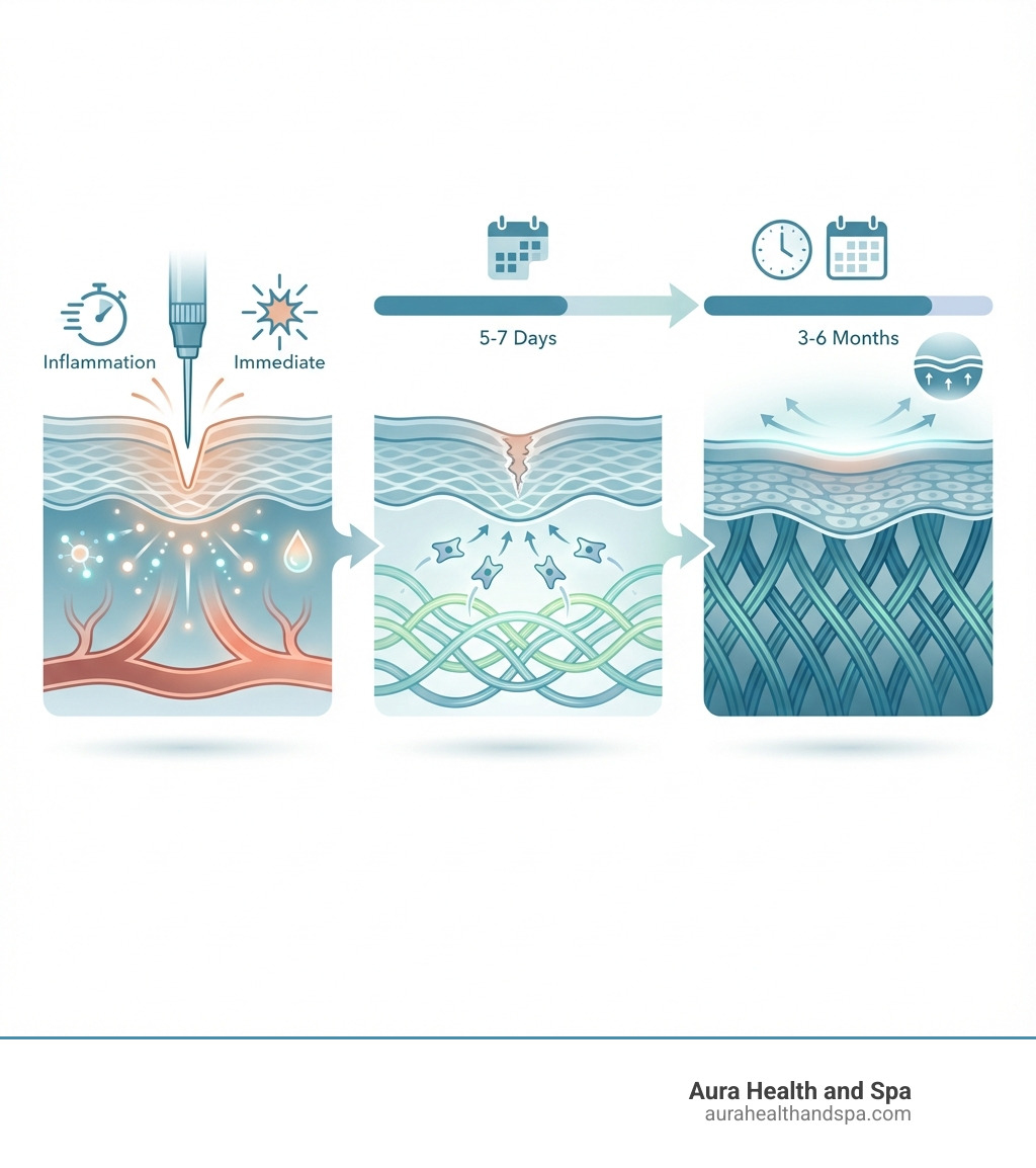 Infographic showing the three phases of microneedling wound healing: Phase 1 Inflammation (immediate growth factor release and increased blood flow), Phase 2 Proliferation (fibroblast migration and new collagen formation over 5-7 days), and Phase 3 Remodeling (collagen reorganization and skin tightening over 3-6 months) - full face microneedling infographic 