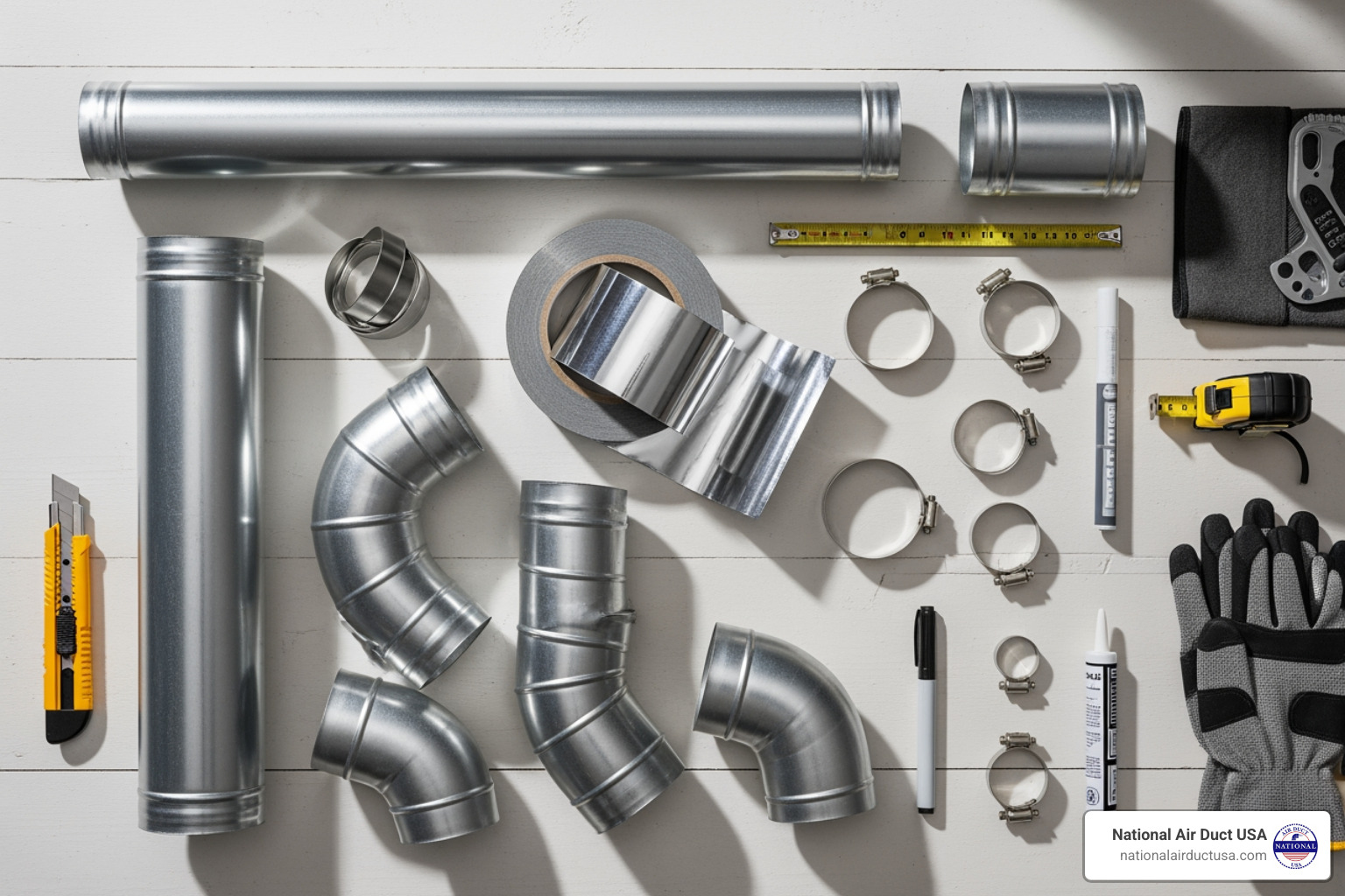 image of necessary tools and materials laid out for dryer vent replacement - dryer vent exhaust replacement