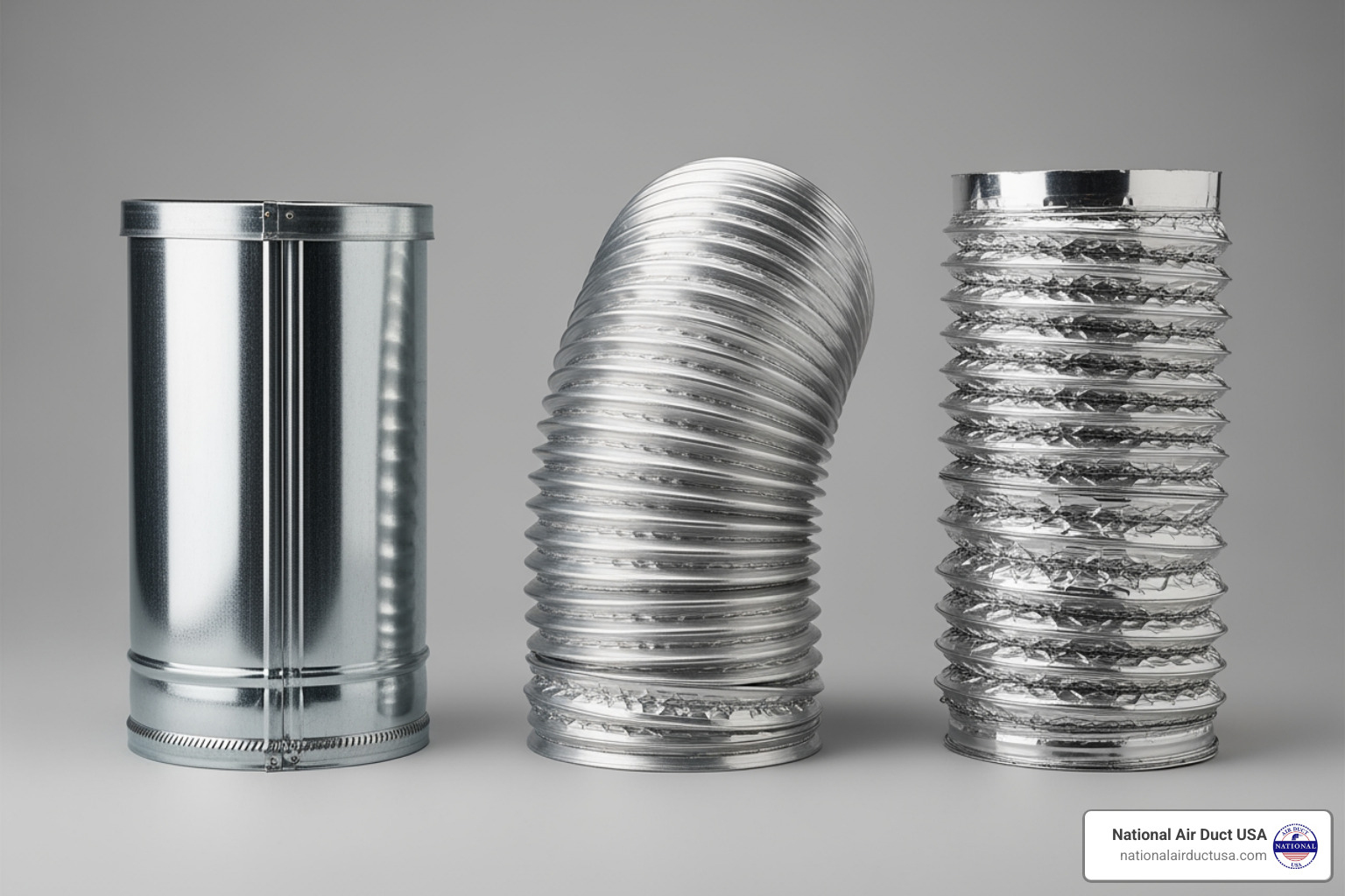 image of three main types of vents: rigid metal, semi-rigid metal, and flexible foil - dryer vent exhaust replacement